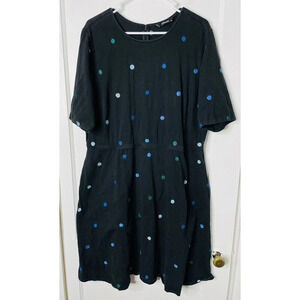 eShakti Womens Dress 18W Black Blue Embroidered Polka Dots Stretch Casual Pocket